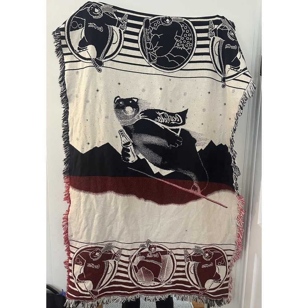 Vintage Coca Cola Knit Tapestry Blanket Fringe - Picture 2 of 2